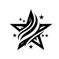 A stark, highcontrast featuring a stylized star entwined with a flowing, flamelike pattern, surrounded by smaller star accents against a white backdrop. vector