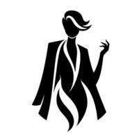 Minimalist silhouette of a stylish woman in elegant attire, displaying graceful pose with artistic flair, black and white composition. vector