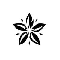 Elegant monochrome floral featuring a fivepetal starshaped arrangement with layered petals, geometric accents, and a stark white background. vector