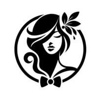 Elegant silhouette a serene woman with flowing hair, floral accent, and bowtie, framed within a circular emblem, rendered in stark black and white contrast. vector