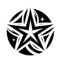 A stylized, circular black and white featuring a central fivepointed star surrounded by segmented black elements and two smaller sparking stars, set against a white background, conveying symme vector