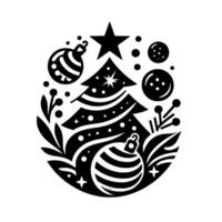 A festive, circular, black and white illustration featuring a stylized christmas tree, ornaments, star, and botanical elements. vector