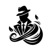 Noir silhouette a detective in a fedora, encircled by swirling lines and leaves. a minimalist, stylized depiction evoking mystery and elegance. vector