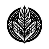 Intricate black and white circular featuring a stylized leaf arrangement with geometric accent, abstract composition. vector