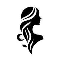 Elegant silhouette profile of a woman with flowing hair adorned by decorative floral and crescent elements, set against a clean white background. vector