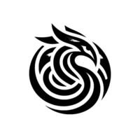 A stylized, minimalist black and white depicting a mythical bird or dragon figure, gracefully curled in a circular composition on a plain white backdrop. vector