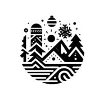 A stylized, circular monochrome illustration of a winter landscape including mountains, trees, a building, snowflake, sun, and decorative elements. vector