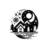 A monochromatic winter scene featuring a cozy house nestled amongst snowy mountains, moonlit sky, and falling snowflakes, enclosed in a circular design. vector