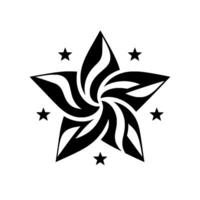 Stylized black and white star design, with a swirling florallike center and surrounding accent stars on a pure white background, creating a bold, visual. vector