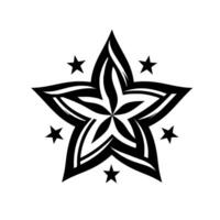 A stylized, monochrome geometric star emblem with intricate layered patterns and surrounding smaller stars on a clean white backdrop. vector
