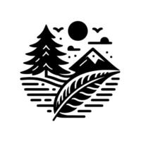 A stylized, monochromatic nature scene featuring a conifer, mountain, sun, clouds, birds, and an oversized feather within a circular frame, evoking tranquility. vector