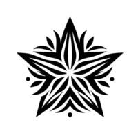 Intricate black and white symmetrical starshaped featuring stylized leaf and petal patterns, on a clean white background. vector