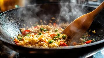Cooking fried rice with vegetables in a large wok, creating a delicious and aromatic dish in a bustling kitchen environment photo