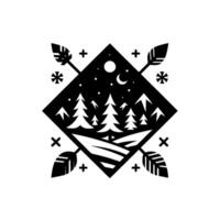 Minimalist black and white forest scene featuring trees, mountains, crescent moon, stars, and decorative arrows in a diamond shape, with simple cross and snowflake elements. vector