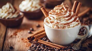 Delicious hot chocolate topped with whipped cream and cocoa powder served with cinnamon sticks and coffee beans on a rustic wooden table photo