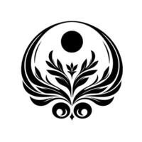 Symmetrical black floral emblem with a central circle, organic leafy design, wings, and repeating eyelike forms on a white background. vector
