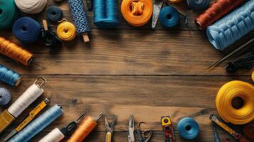 Colorful assortment of threads and tools on a wooden surface in a crafting workspace showcasing creativity and design possibilities photo