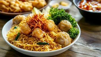 Enjoying flavorful noodles topped with crispy chicken and dumplings, a delightful dining experience in a cozy restaurant setting photo