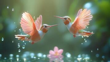 Two vibrant hummingbirds floating above a tranquil pond with water droplets and a blooming flower in the background during a serene afternoon photo