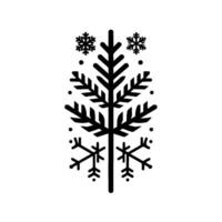 Minimalist black and white illustration of a stylized pine tree adorned with snowflakes and dots, evoking winters festive season. vector