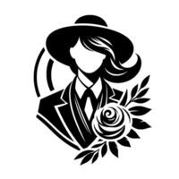 Elegant silhouette of a woman in a suit and widebrimmed hat, adorned with a rose and leafy sprigs, capturing refined sophistication and timeless grace. vector
