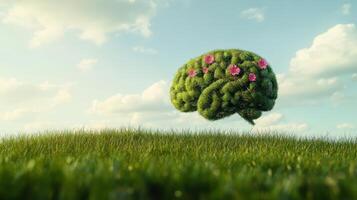 A vibrant green tree, resembling a brain, is adorned with beautiful pink flowers as it stands proudly in a lush grassy field beneath a radiant blue sky photo