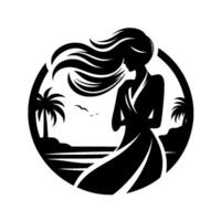 Silhouette of a woman with flowing hair, gazing towards the sea within a circular frame, palm trees and birds in a serene island setting. vector