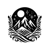 Monochromatic mountainscape stylized night scene depicts majestic peaks under a full moon and stars, framed with ornamental leaf wave elements. vector