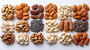 A vibrant arrangement of various nuts and seeds displayed on a clean surface in sunlight creates an appealing and healthy snack option photo