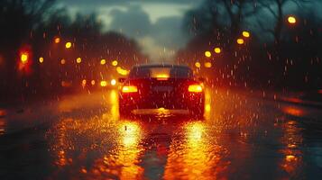 Bright city lights reflect on wet asphalt as a car drives through the rain during a stormy evening in an urban setting photo