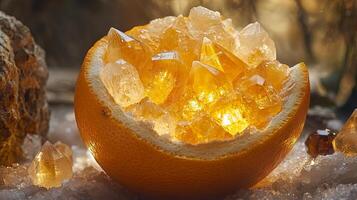 A whole orange rests peacefully with its interior cut open showcasing sparkling citrine crystals that glow in warm inviting hues all elegantly surrounded by vibrant garnets photo