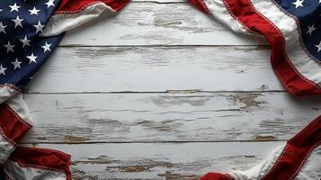 American flag draped elegantly on weathered wooden surface creating a patriotic backdrop for celebrations and remembrance photo