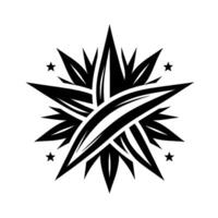 A symmetrical, stylized starburst design, featuring a complex layered structure of sharp, black, leaflike forms and curved elements, with four small stars on white background. vector