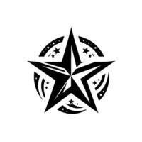 Bold black star emblem surrounded by a stylized circle of stars and dots, creating a powerful and modern on white. vector