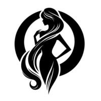 Elegant silhouette of a woman with flowing hair inside a circle, displaying a graceful pose and minimalist aesthetic vector