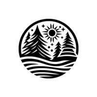 A minimalist black and white circular emblem featuring a stylized forest scene under a radiant sun and stars, conveying a sense of nature and simplicity. vector
