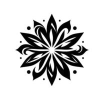 A symmetrical, stylized floral in stark black and white, featuring pointed petals, elegant swirls, and circular accents, presented on a plain background. vector