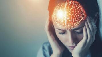 Feeling overwhelmed, a woman experiences deep emotional distress while holding her head in thought in a dimly lit environment photo