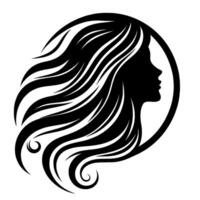 Elegant black silhouette of a womans profile and flowing hair framed by a circular border against a white background, illustrative design. vector