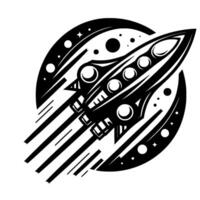 Bold black and white retro space illustration featuring a rocket ship bursting through a cosmic background, with stars and planets. vector