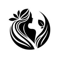 Elegant silhouette of a woman with flowing hair adorned by leaves, encased in a circular, organic composition in monochromatic style. vector