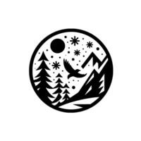 Winters embrace a silhouette of snowy mountains, pine trees, a soaring bird, and the celestial night within a circular frame. vector