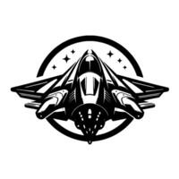 Sleek, stylized black and white illustration of a futuristic jet fighter within a circular emblem, surrounded by stars. vector