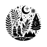 A festive monochrome roundel winter holiday scene with socks, moon, fir, snowflakes, and foliage in a circle. vector