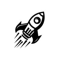 Monochromatic rocket soaring upward, illustrating space exploration and technological advancement on a clean white background. vector