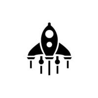 A stylized black rocket launching upwards on a white background, with two circular portholes and visible exhaust trails. vector