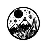 A monochromatic winter scene snowy mountains beneath a starry night sky, adorned with snowflakes and foliage within a circular frame, featuring a cozy mountain peak with a knitted hat. vector