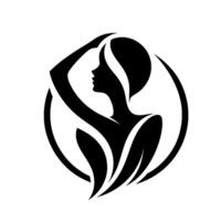 Elegant silhouette of a woman in a circle, arm raised, minimalist beauty emblem, artistic on white background. vector