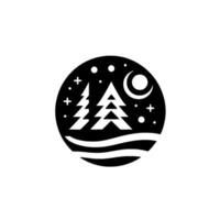 Minimalist black and white illustration winter night scene with trees, moon, stars, and water in a circular design. vector