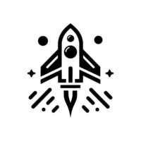 A stylized, minimalist black and white illustration of a rocket ship launching into space, with surrounding celestial bodies and vapor trails. vector